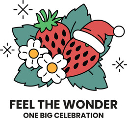 A drawing of a strawberry and a flower with a Santa hat on top