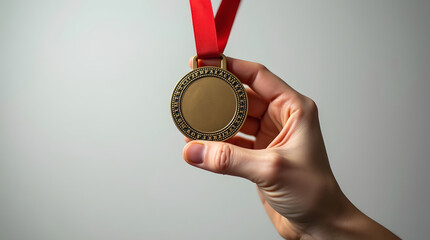 A hand proudly displays a gold medal with a vibrant red ribbon. Symbol of victory, achievement, and success.
