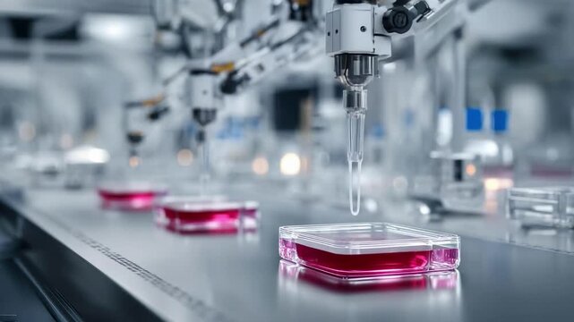 Automated robotic arms pipette pink liquid into a microplate on a conveyor in a biotech lab.