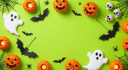 Naklejka premium Halloween border with pumpkins, ghosts, bats, spiders, and skulls on a bright green background