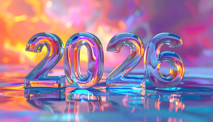 Shiny 2025 Numbers Reflecting Colorful Sky.