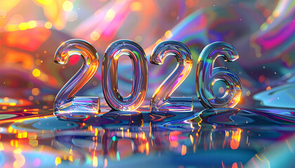 Shiny 2026 Numbers Reflecting Colorful Bokeh Lights.