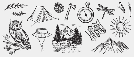 Hand drawn camping and nature forest mountain set. Vector sketch illustration in vintage crayon charcoal style. Tent, compass, axe, map, mountains, forest, owl, sun, pine cone. Travel