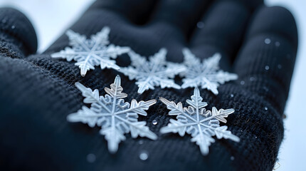 Several delicate, intricate snowflakes rest gently on a dark, textured glove, showcasing the beauty of winter in a close-up macro shot.