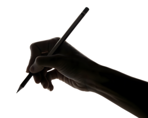 Silhouette of a hand holding a pencil, isolated on transparent background