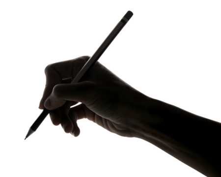 Silhouette of a hand holding a pencil, isolated on transparent background
