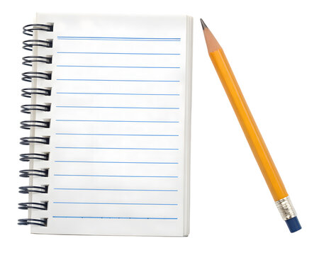 A simple spiral notebook with lined pages and a yellow pencil isolated on transparent background - Powered by Adobe
