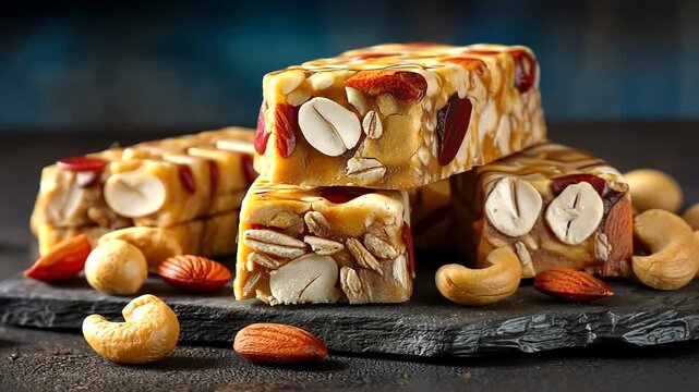 Delicious Nutty Snack Bars with Almonds, Cashews, and Dried Fruits on Slate Surface