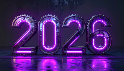 Futuristic 2026 Neon Numbers Glowing Purple.
