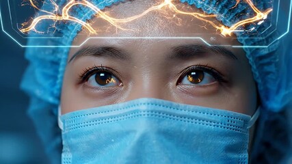 Surgeon wearing futuristic augmented reality headset and surgical mask. - Powered by Adobe