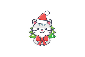 Obraz premium Festive cat wearing a santa hat and bow a charming silhouette
