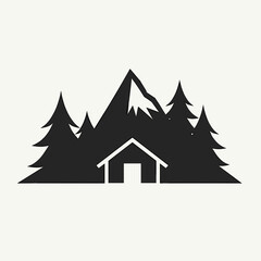 Fototapeta premium Isolated cabin illustration with mountain peak surrounded by coniferous trees silhouette, a charming isolated cabin with forest is depicted.