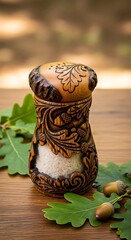 Ornate Wooden Salt Shaker with Oak Leaf Carvings and Acorns.