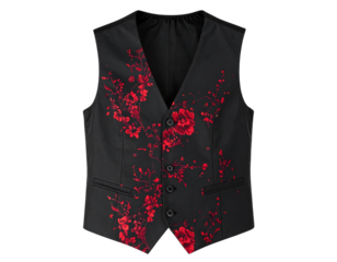 Sophisticated Floral Vest with Black and Red Pattern Isolated on Transparent Background