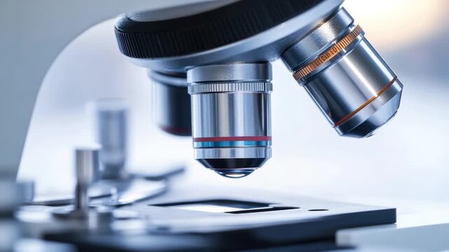 A close-up shot of a microscope sitting on a table, ready for use