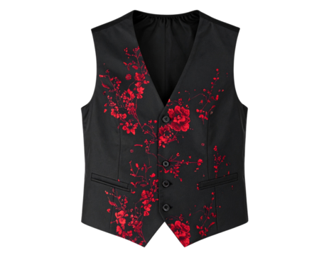 Sophisticated Floral Vest with Black and Red Pattern Isolated on Transparent Background