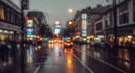 Obraz premium Rain-Blurred City Street through Glass Window