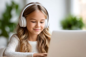 Girl wearing headphones learning online using laptop