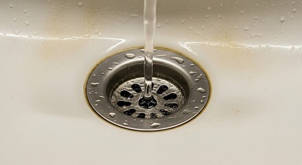 Water Flowing Down a Sink Drain - A Close-Up View.