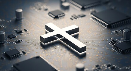 Christian cross on a modern circuit board symbolizing faith in technology suitable for religious tech blogs and digital ministry.