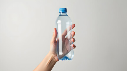 A hand holds a water bottle in close up. 
