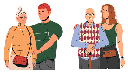 Young men and women assist elderly seniors, showing care and support. Family care and assistance for older generation concept.