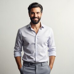 Fototapeta premium Smiling man in light blue shirt and grey pants studio portrait isolated on white background
