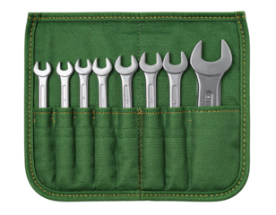 Top-Down View of Open-End Wrenches in Green Tool Roll Isolated on Transparent Background