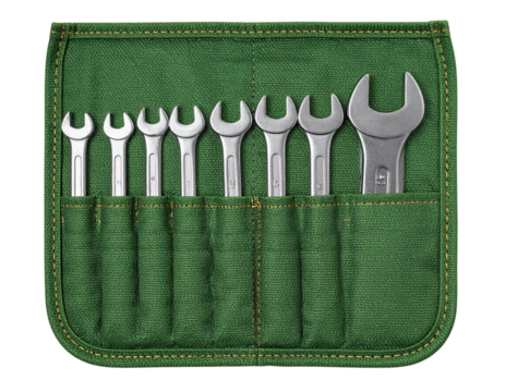 Top-Down View of Open-End Wrenches in Green Tool Roll Isolated on Transparent Background