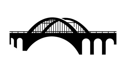 Silhouette of a modern bridge spanning a river with clear skies and distant cityscape in the background
