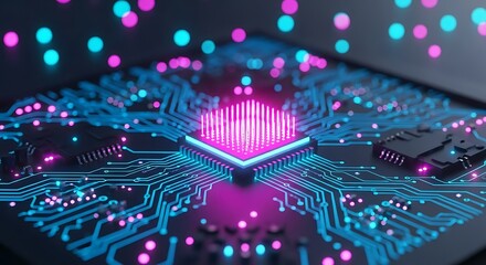 Futuristic glowing circuit board with central processor abstract technology concept for artificial intelligence and data processin