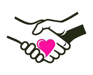 Two hands shaking with a heart symbol in the center, representing unity and love in a community setting