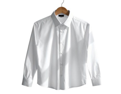 Minimalist White Dress Shirt Hanging on Wooden Hanger Mockup Isolated on Transparent Background - Powered by Adobe