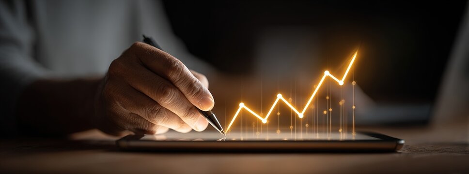 Drawing profit growth chart on tablet with stylus, digital analytics and strategic planning, financial forecast visualization for annual report, business coaching and webinar content - Powered by Adobe