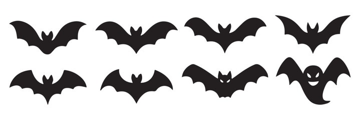 Set of 6 Black Halloween Bat Silhouette Icons on White Background – Vector Illustration for Spooky Holiday Designs, Party Decor, and Seasonal Graphics