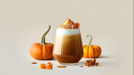 Pumpkin latte with whipped cream and caramelized pumpkin on beige background. Pumpkin latte with whipped cream and caramel on light background