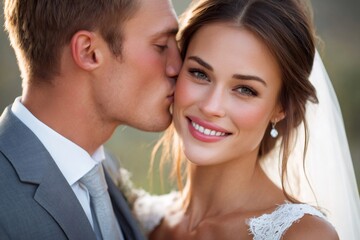 Groom kissing bride on cheek, smiling wedding concept
