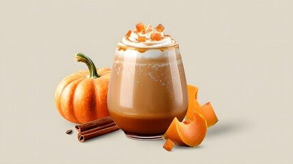 Pumpkin latte with whipped cream and caramelized pumpkin on beige background. Pumpkin latte with whipped cream and caramel on light background