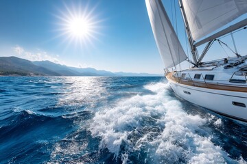 Fototapeta premium Sailboat cruising blue ocean water on sunny day
