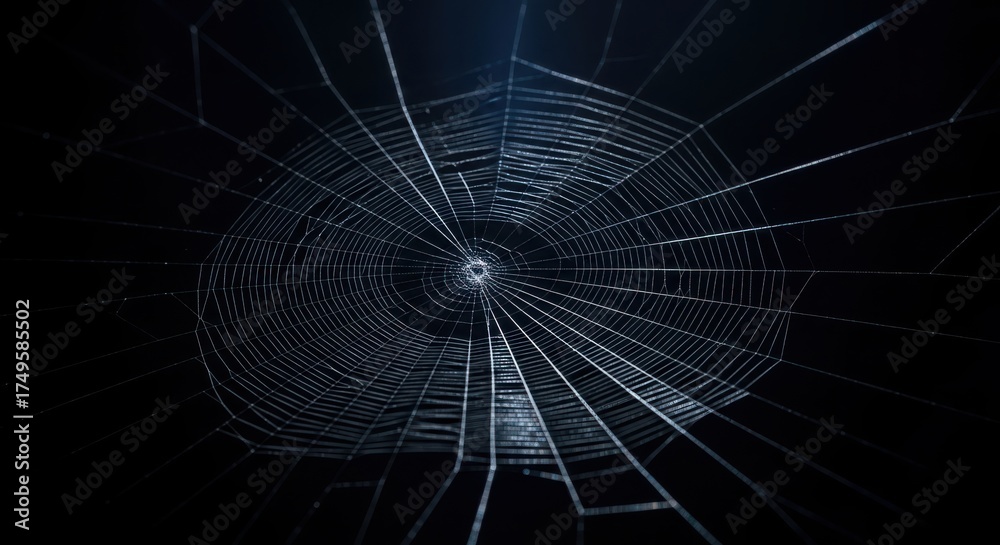 Wall mural closeup of a spider web with intricate radial patterns on black background