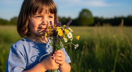 Child Holding Wildflowers in a Sunny Meadow.