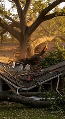 Tree Damage on House After Storm, Destruction.