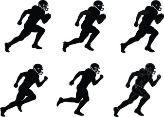 American football player silhouette running with ball, athletic motion sequence, sports training pose, dynamic sprint action, helmet gear, vector illustration, isolated design