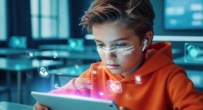 Focused young boy uses a tablet with augmented reality interface exploring digital learning and future technology in the classroom