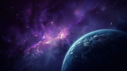Obraz premium Captivating image portrays a celestial scene featuring a vibrant nebula with swirling purples and pinks, complemented by a dark blue planet and a visible crescent moon, showcasing a breathtaking...
