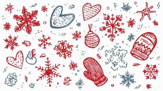 Cute winter objects collection with snowflakes and mittens scattered in random pattern