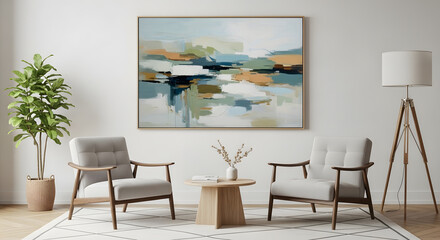 Fototapeta premium Cozy Living Room Setup, Minimalist Interior Decor, Modern Art Display, Elegant Furniture, Bright Environment