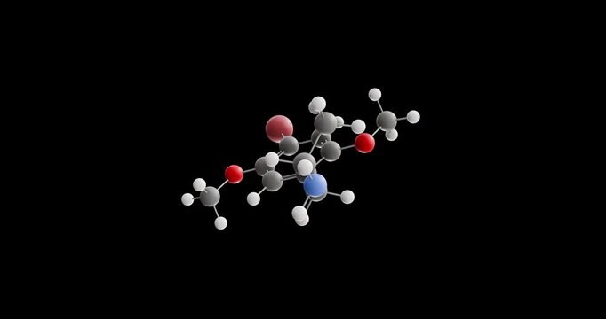 Brolamfetamine molecule, rotating 3D model of psychedelic drug, looped video on a black background
