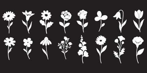 Collection of flower silhouettes. Flowers and plants set silhouette on a white background.