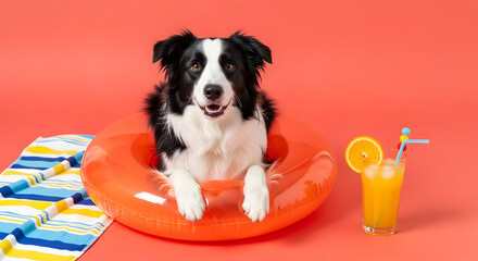 Border Collie bliss Sunny days call for refreshing drinks Summer vibes Cute dog enjoying a tropical getaway Orange juice and a cute dog pet relaxing on the beach Holiday